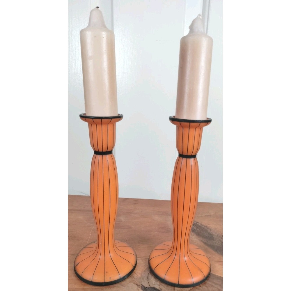Vintage Art Deco Czech Tango Glass Candlesticks Pair Orange Black Line Enamel